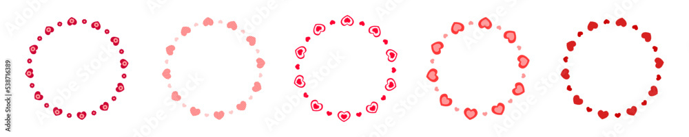 Set of round frames with hearts and flowers. Collection of templates for Valentine day card, wedding invitation, photo, picture, banner, sticker. Vector flat illustration