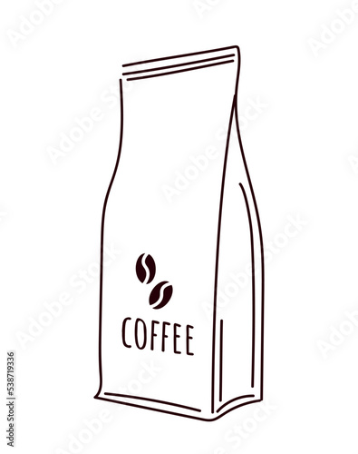 Coffee bag icon. Gift, present or surprise. Packaging with grains for preparing hot drink, cappuccino. Advertising poster or banner for website. Creativity and art. Cartoon flat vector illustration