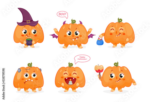 Set of cute pumpkin monsters. Stickers with funny Halloween characters with bat wings, witch hat and candies. Design elements for holiday. Cartoon flat vector collection isolated on white background