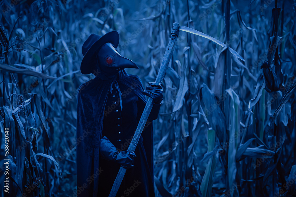 Plague doctor gothic woman with sharp scythe at night in thickets of
