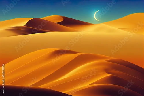 Desert landscape with a sun and sandy.Desert dunes background.Abstract 2d background with dramatic desert dunes and sunset.