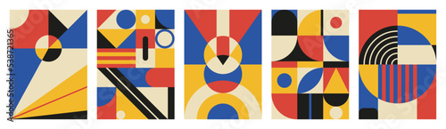 Trendy covers design set. Modern geometric shapes compositions. Flat vector illustrations in Bauhaus style.