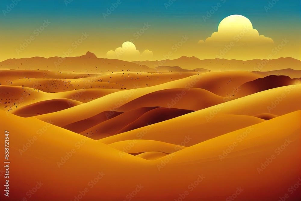 Desert landscape with golden sand dunes and stones under blue cloudy sky. Hot dry deserted african or mexican nature background with yellow sandy hills parallax scene, Cartoon 2d illustration