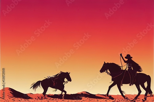 cowgirl Riding Horse on Desert 2d design. cowgirl desert Graphic print for fashion and others. Desert Mountain Cactus Vintage. © 2rogan