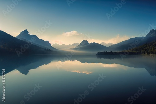 Panorama of the mountain valley of lakes in the morning fog. Mountain lake panoramic landscape. Beautiful mountain panorama. Lake in mountains