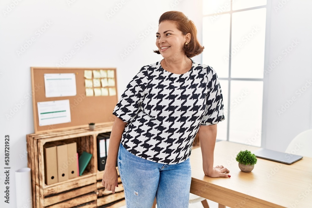 Middle age hispanic woman smiling confident working at office Middle age hispanic woman smiling confident working at office