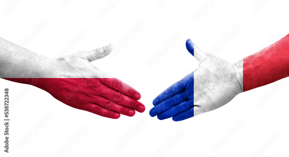 Handshake between France and Poland flags painted on hands, isolated transparent image.