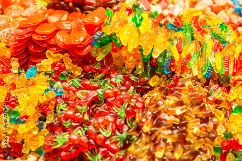 Colorful jelly gummy candies at market showcase. Istanbul Grand Bazaar, Turkey