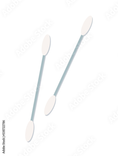 Two ear sticks. Medical equipment for health care. Beauty and hygiene. Advertising poster or banner for website. Routine and daily routines. Cotton swabs, buds. Cartoon flat vector illustration