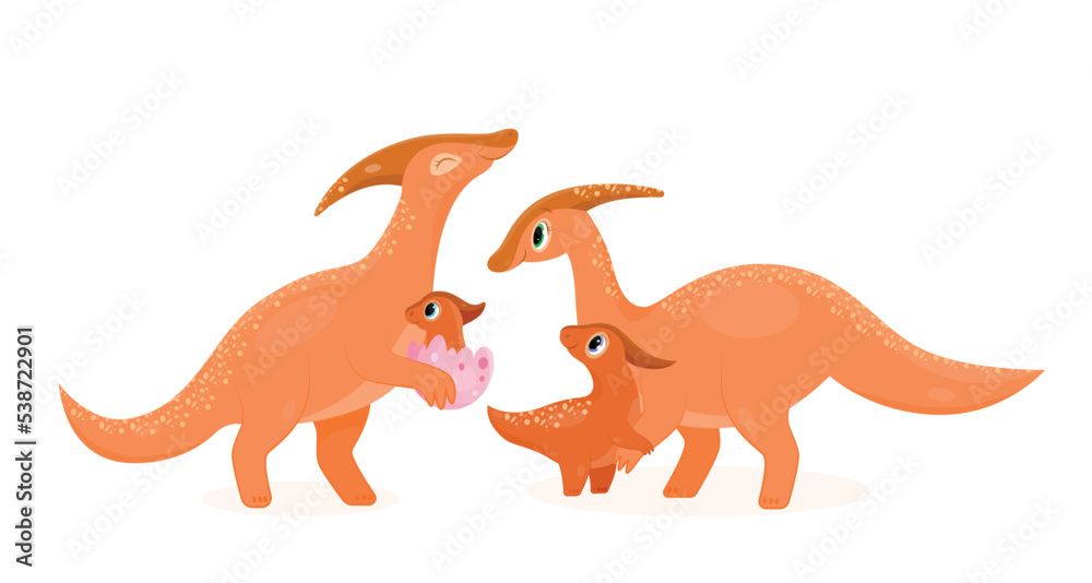 Cute dino mom and baby. Mother and father with children and newborn. Care and love, happy family of orange lizards. Graphic element for website, poster or banner. Cartoon flat vector illustration