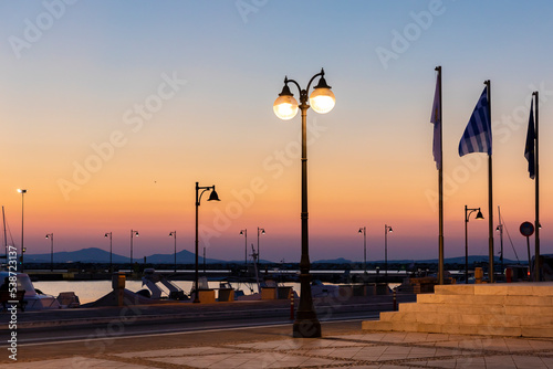 street lights silhouetted at sunset on Naxos, Greece