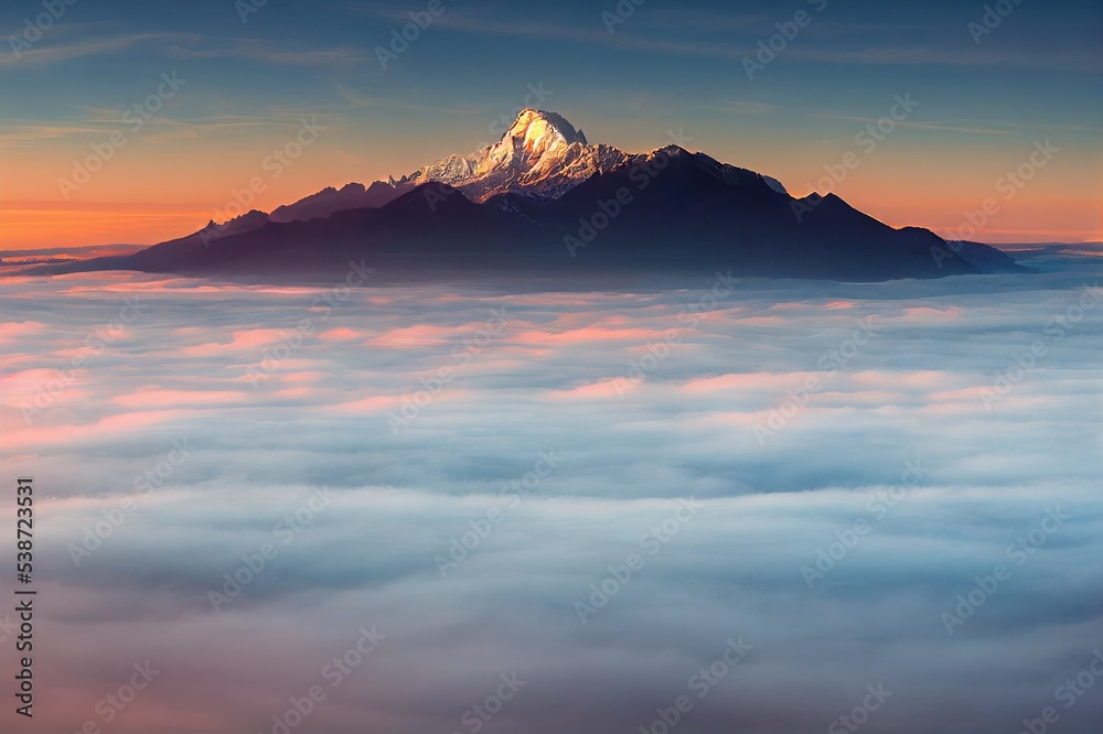 Mountain peaks in the fog at dawn. Foggy mountains at dawn. Beautiful sunrise in foggy mountains. Mountain morning fog at dawn