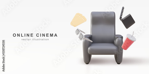 3d realistic cinema chair with comfortable elbows, tickets, drink, glasses and clapperboard. Vector illustration.