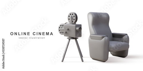 3d realistic retro camera and Cinema armchair. Vector illustration.