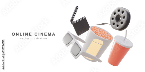 Online cinema art movie watching with popcorn, 3d glasses and film-strip cinematography concept. Vector illustration.