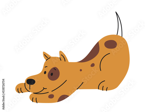 Yellow cute doodle dog. Minimalistic sticker for social networks and instant messengers. Animal and pet, best friend. Playful and charming character sitting. Cartoon flat vector illustration