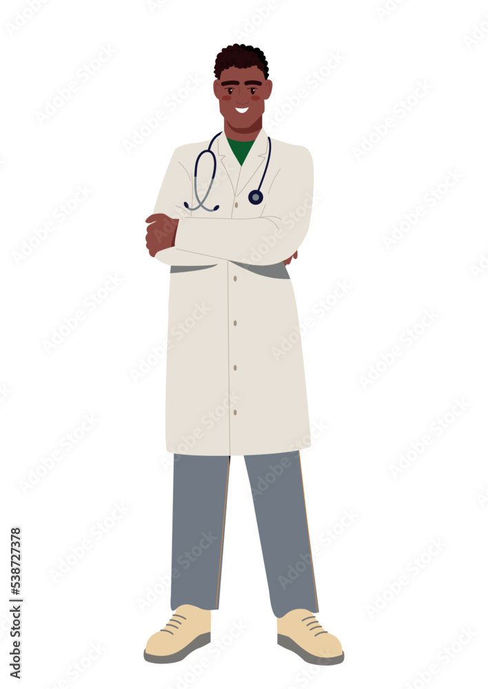 Male doctor concept. Young guy standing in white medical coat with stethoscope on shoulder. Therapist and specialist, professional. Medical poster or banner. Cartoon flat vector illustration Male doctor concept. Young guy standing in white medical coat with stethoscope on shoulder. Therapist and specialist, professional. Medical poster or banner. Cartoon flat vector illustration