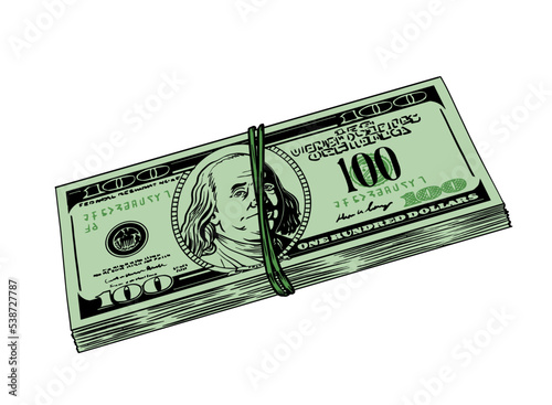 Bundle of dollars. Financial literacy and economics. Symbol of wealth and power. One hundred dollar bills with green rubber band. Graphic element for website. Cartoon flat vector illustration