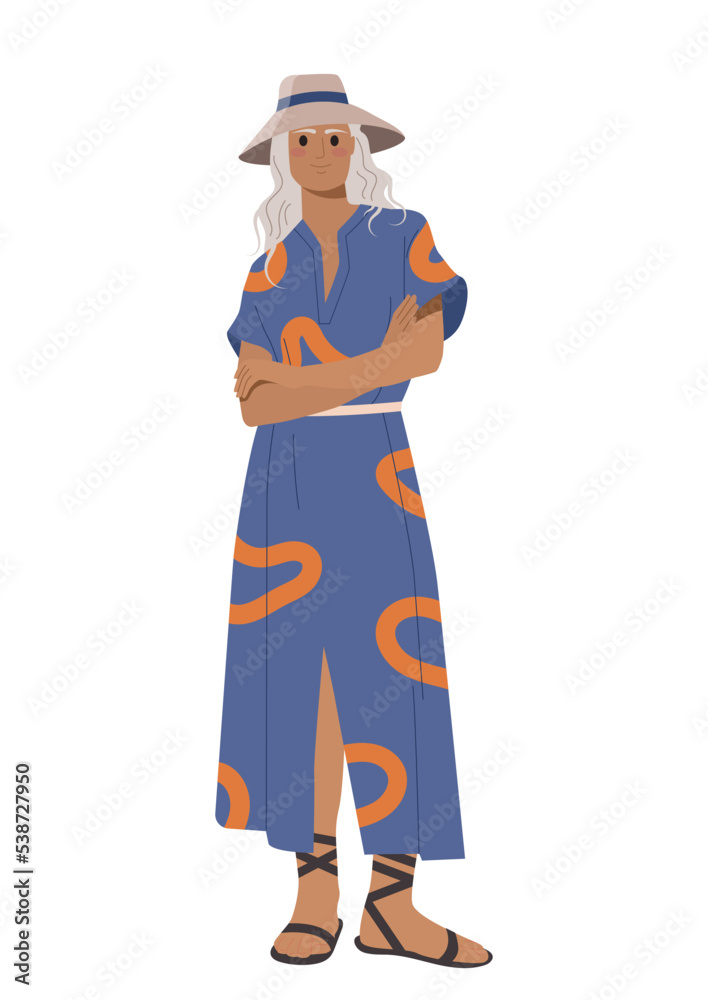 Elderly woman in blue dress. Grandmother in summer clothes for hot weather. Sticker for social networks and instant messengers, poster or banner for website. Cartoon flat vector illustration