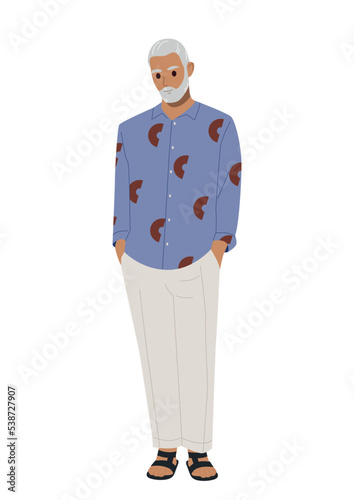 Elderly man in blue shirt. Grandfather standing in white pants and bright shirt. Elegance and aesthetics. Sticker for social networks and instant messengers. Cartoon flat vector illustration
