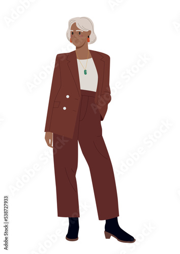 Elderly woman in business suit. Character in red clothes, businesswoman and entrepreneur. Leadership and success. Trendy grandmother. Elegance, aesthetics and style. Cartoon flat vector illustration