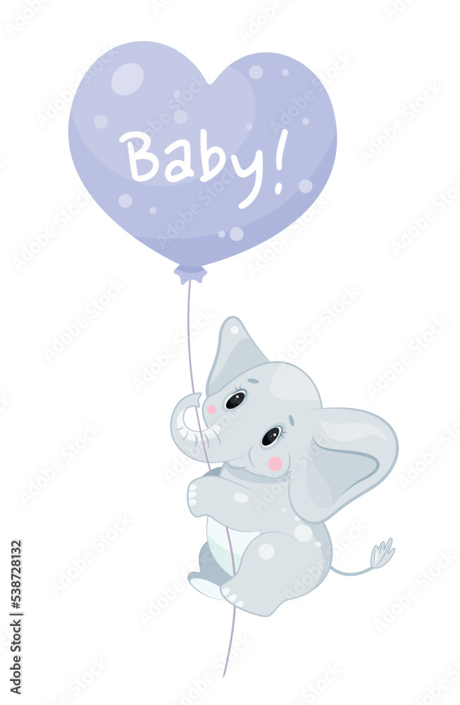 Elephant with air balloon. Gray animal with large trunk and ears flies. Travel and adventure. Toy or mascot for children. Sticker for social networks and messengers. Cartoon flat vector illustration Elephant with air balloon. Gray animal with large trunk and ears flies. Travel and adventure. Toy or mascot for children. Sticker for social networks and messengers. Cartoon flat vector illustration
