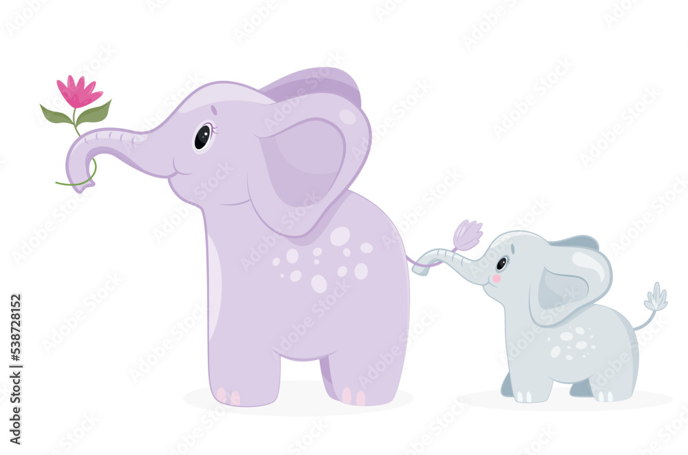 Naklejka premium Elephant mother with baby. Parents and children with flowers. Love, support and care, happy family. Poster or banner for website. Toy or mascot for children. Cartoon flat vector illustration