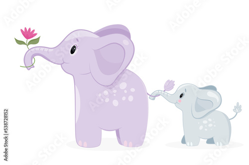 Elephant mother with baby. Parents and children with flowers. Love, support and care, happy family. Poster or banner for website. Toy or mascot for children. Cartoon flat vector illustration © Mental Health