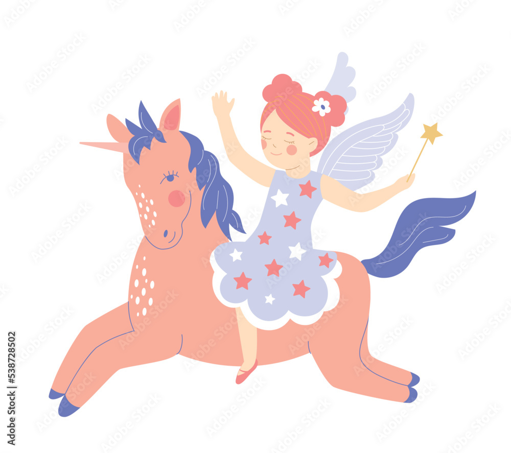 Fairy with unicorn. Little girl in blue dress rides fictitious horse. Sticker for social networks and messengers. Graphic element for website, poster or banner. Cartoon flat vector illustration