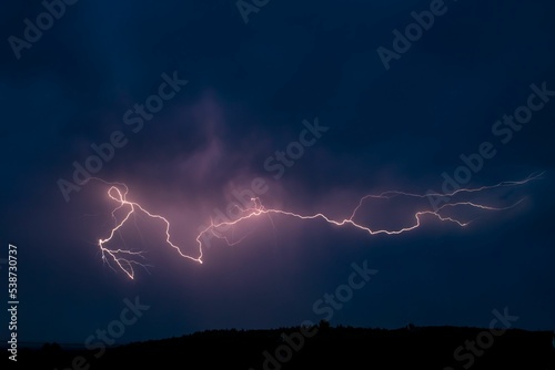 Lightning bolt in the sky above Waldalgesheim, Rhineland-Palatinate, Germany