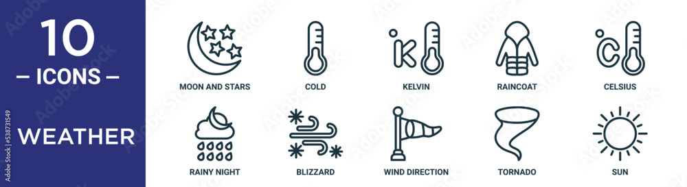 weather outline icon set includes thin line moon and stars, cold ...
