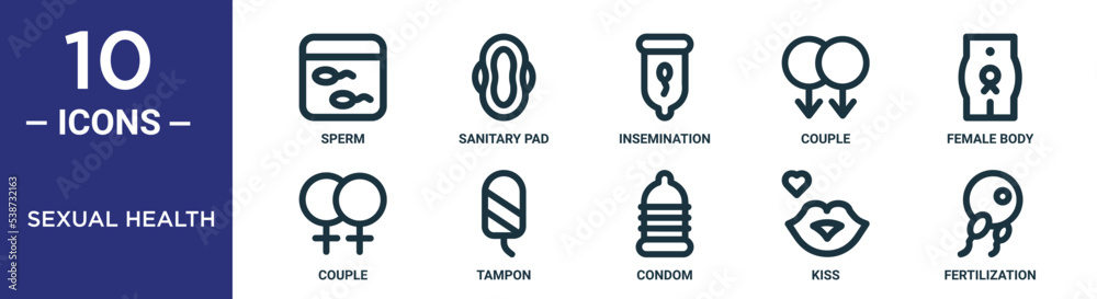 sexual health outline icon set includes thin line sperm, sanitary pad ...