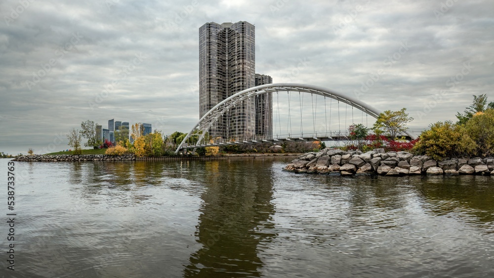 A cloudy autumn morning at Humber Bay Arch Bridge in Toronto, Ontario, Canada