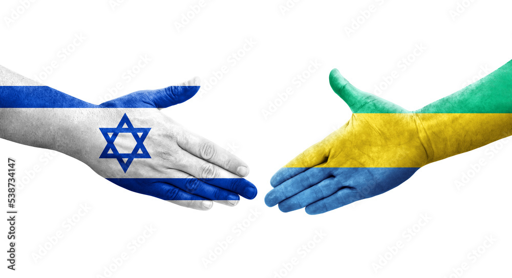 Handshake between Gabon and Israel flags painted on hands, isolated transparent image.