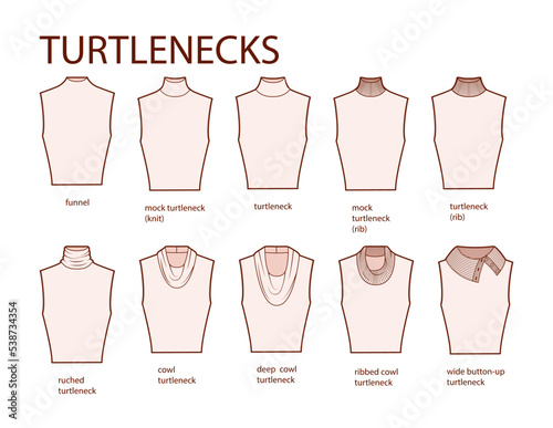Set of necklines turtlenecks clothes sweaters, tops ribbed, knit, funnel neck technical fashion illustration with fitted body. Flat apparel template front sides. Women, men unisex CAD mockup