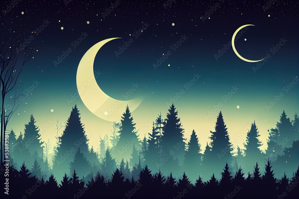 deep fairy forest silhouette at night with moonlight and fireflies, 2d