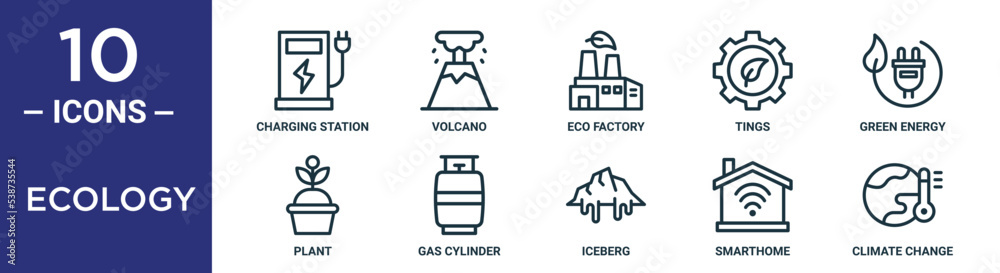 ecology outline icon set includes thin line charging station, volcano ...