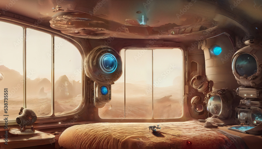 futuristic bedroom on Mars, cozy room with round windows looking out to the martian