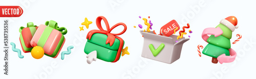 Christmas decorations. Xmas Decor Realistic 3d design in cartoon plastic style, green christmas tree, two gift box, open cardboard box with label tag sale. winter holiday element. vector illustration
