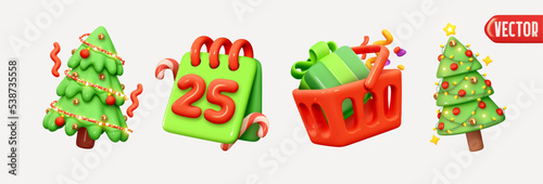 Christmas decorations. Xmas Decor Realistic 3d design in cartoon plastic style, green christmas tree, food basket, red cart inside gift box, event calendar. Winter holiday element. vector illustration