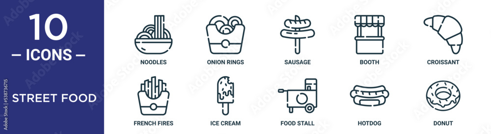 street food outline icon set includes thin line noodles, onion rings ...