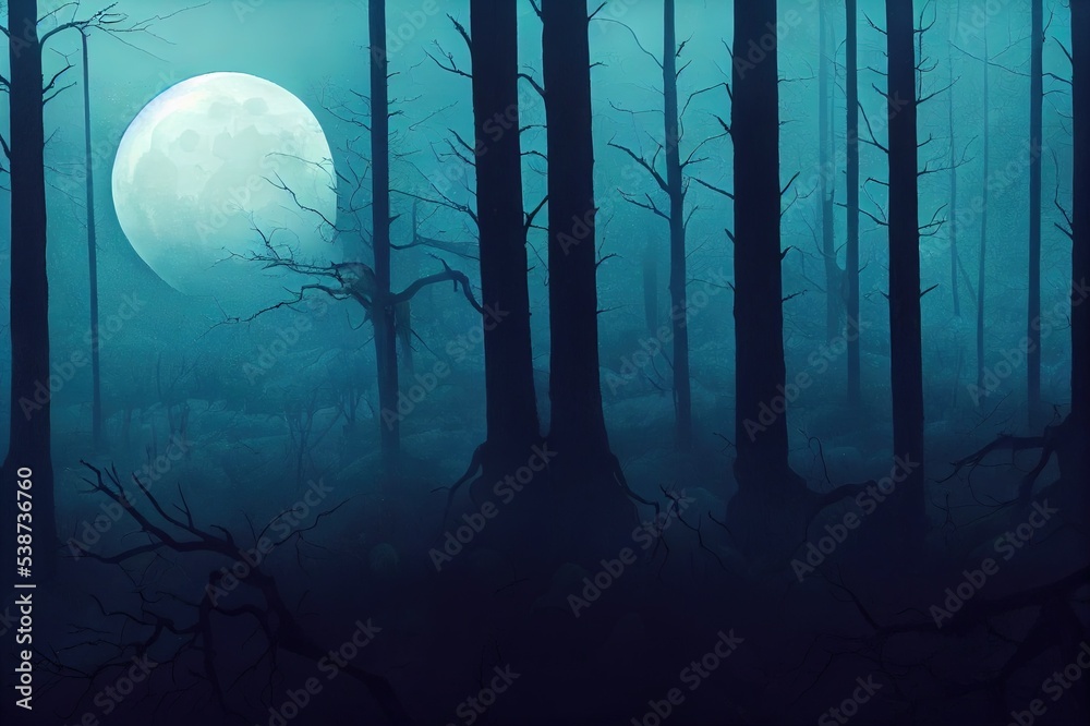 Obraz premium Dark, foggy, mysterious forest. Full moon on the sky. Halloween backdrop.
