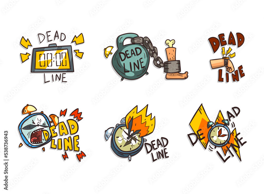 Deadline and Time Limit Labels with Burning Clock, Leg with Chain and Heavy Kettlebell and Lightning Vector Set