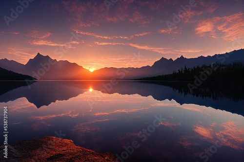 Sunset on the shore of a mountain lake. Mountain lake at sunset. Sunset lake in mountains. Sunset mountain lake landscape
