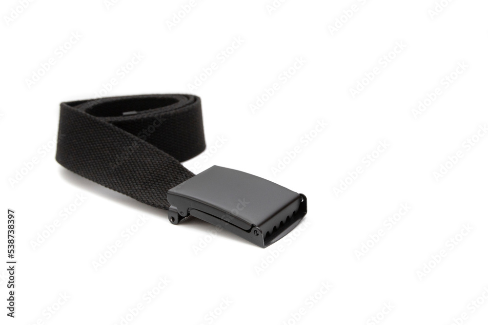 Black tactical belt with military buckle. Isolated on white background. Black tactical belt with military buckle. Isolated on white background.