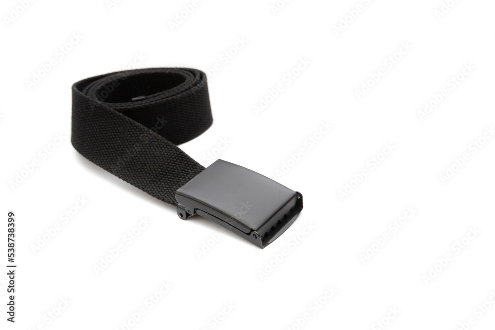 Black tactical belt with military buckle. Isolated on white background. Black tactical belt with military buckle. Isolated on white background.