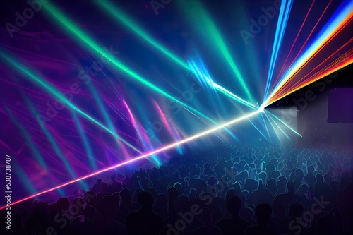 Background of empty stage show. Neon blue and purple light and laser show. Laser futuristic shapes on a dark background. Abstract dark background with neon glow