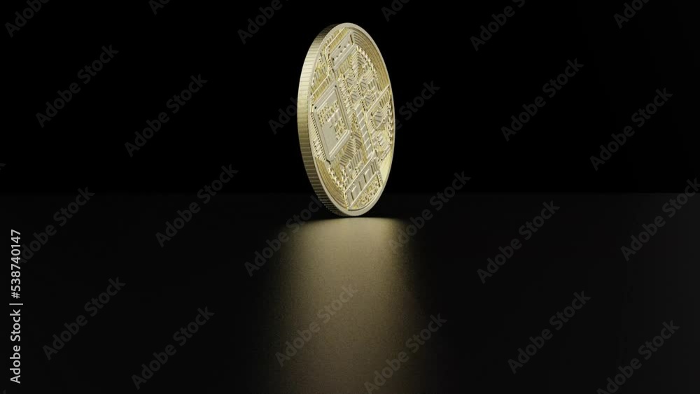 Reflective spinning gold Bitcoin on metal table. Physical bit coin. Digital currency. Cryptocurrency. Golden coin with bitcoin symbol. 3D CG. 3D illustration.