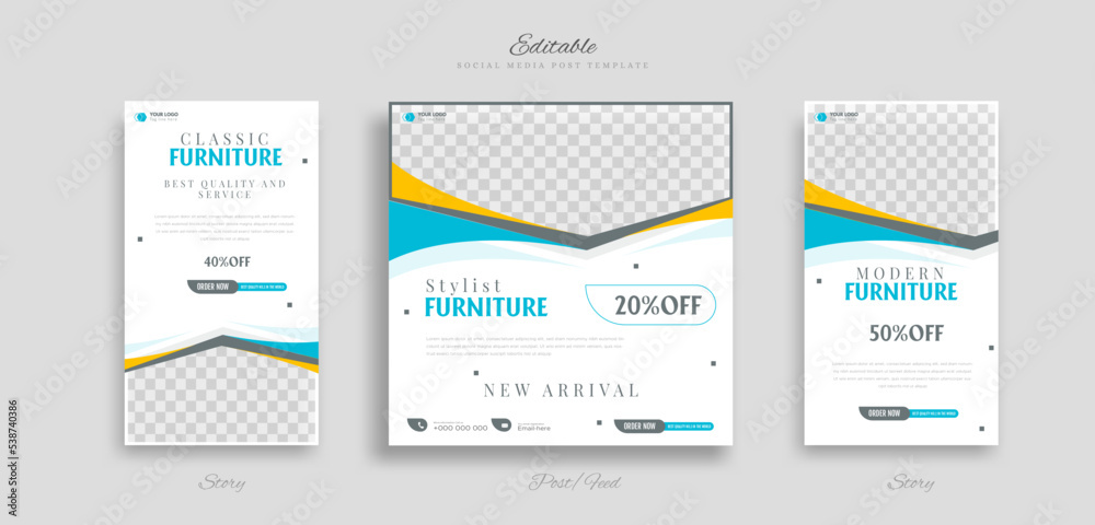 bundle set of furniture sale social media post and story web banner design template for ads promotion vector. bundle set of furniture sale social media post and story web banner design template for ads promotion vector.