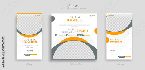 bundle set of furniture sale social media post and story web banner design template for ads promotion vector.